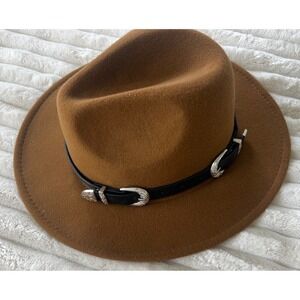 Time and Tru Women Brown Fedora Hat Western Buckle Band Wide Brim One Size